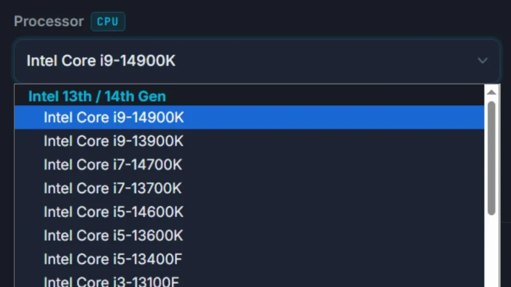 CPU selection dropdown in PC Bottleneck Calculator tool