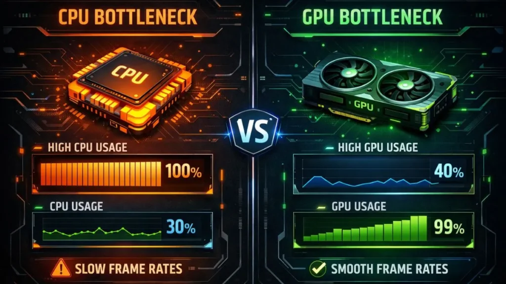 Split image illustrating CPU and GPU bottlenecks. Left: CPU overuse at 100% with slow frame rates, orange tones. Right: GPU efficiently managing load at 40%, green tones.