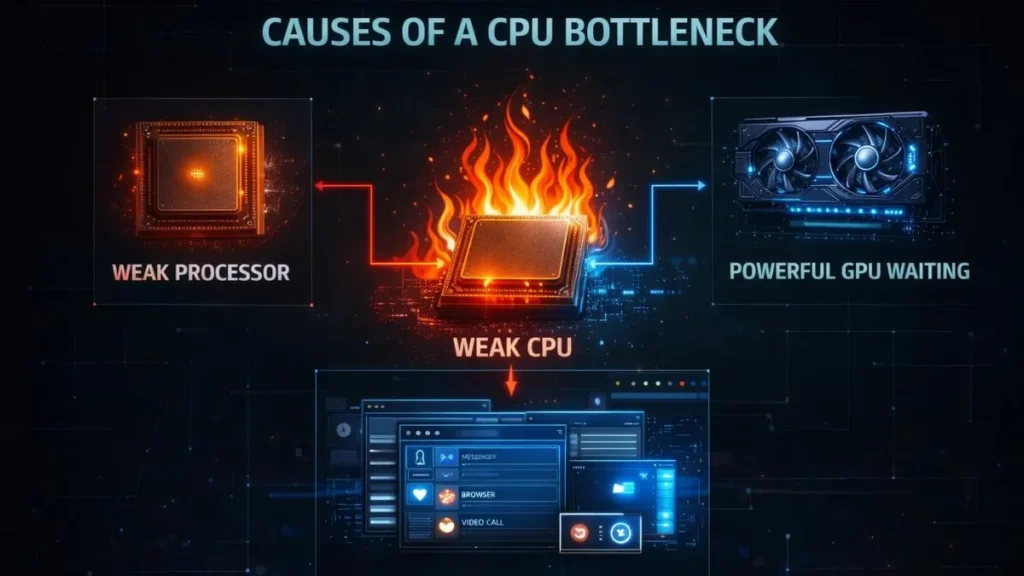 Illustration depicting CPU bottleneck causes. A weak processor is overheating in flames, labeled 'Weak CPU,' while a 'Powerful GPU Waiting' is idle. Below, a complex digital dashboard symbolizes high-demand tasks. The tone is urgent and technical.