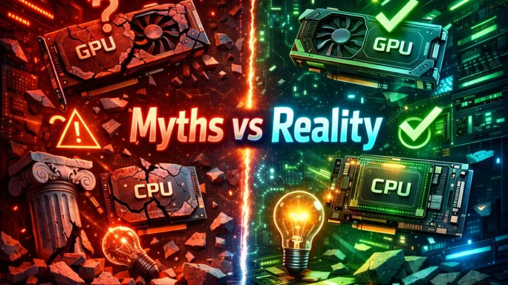 Split image showing "Myths vs Reality" theme. Left: broken GPU and CPU with caution sign, evoking confusion. Right: intact GPU and CPU with check marks, conveying clarity.