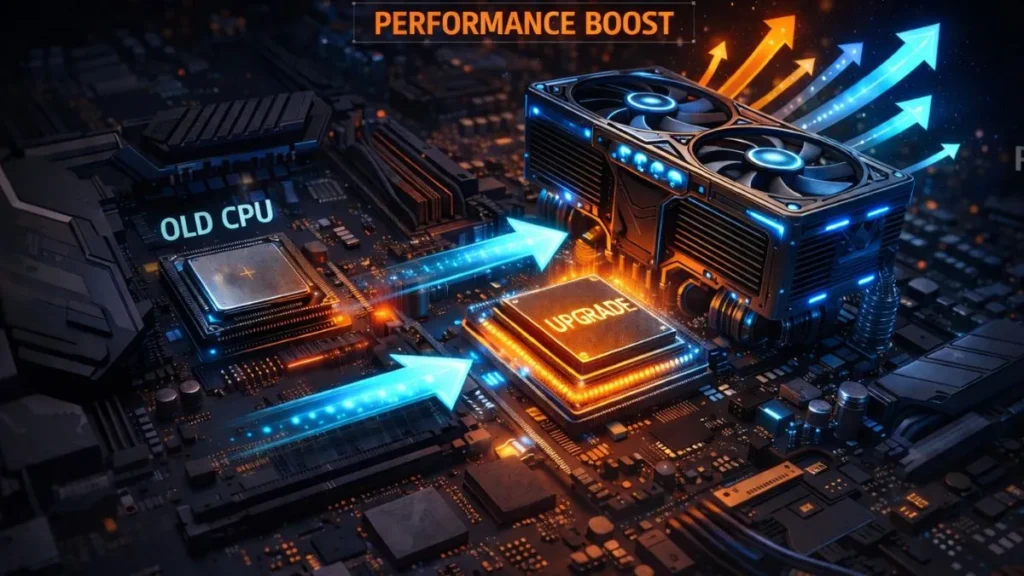 Futuristic motherboard showing an upgrade from an "Old CPU" to a glowing "Upgrade" unit. Arrows indicate a "Performance Boost," symbolizing enhancement.