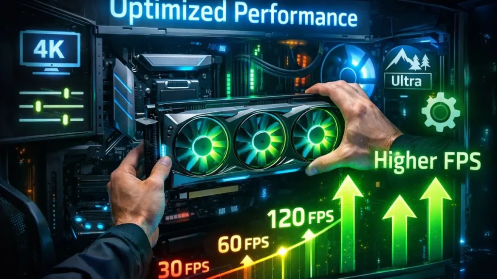 Hands installing a graphics card in a computer, with visuals showing optimized performance, 4K, ultra settings, and increasing FPS from 30 to 120.