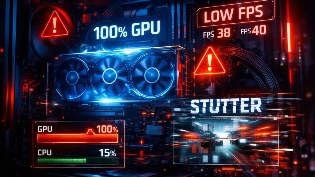 A computer interface shows GPU at 100%, CPU at 15%, low FPS warnings, and the word “stutter,” indicating performance issues during gaming or graphics processing.