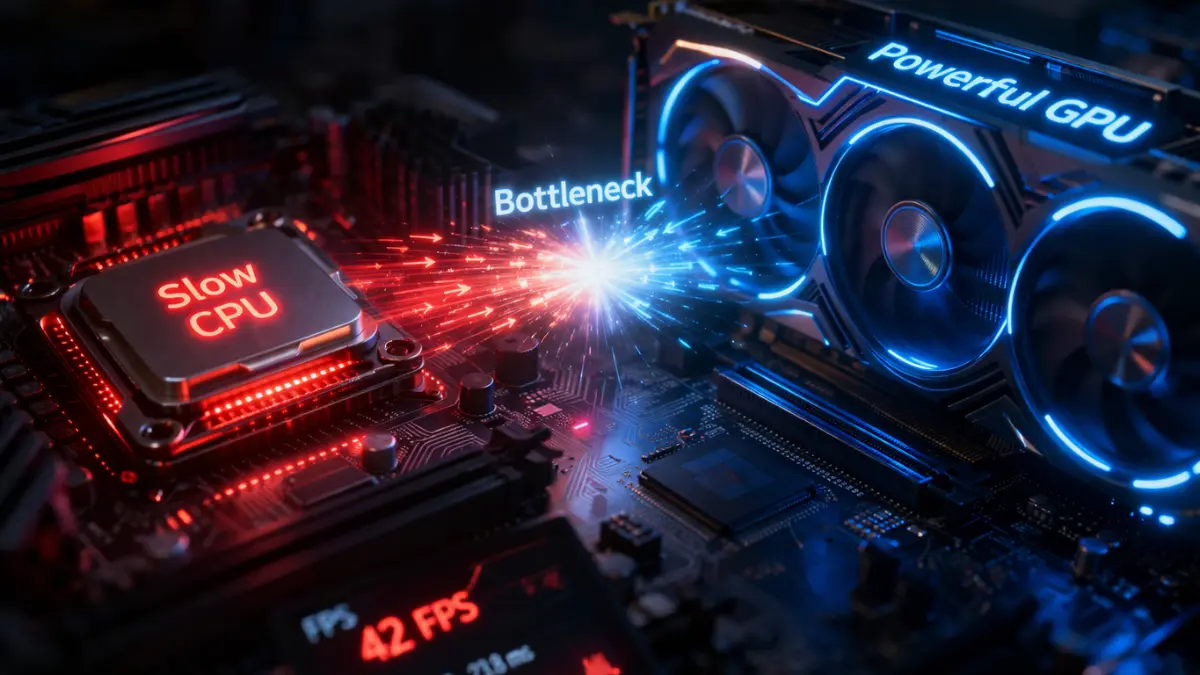 Illustration of a motherboard with a glowing "Slow CPU" and "Powerful GPU," highlighting a "Bottleneck" point between the two components. - What is a GPU Bottleneck