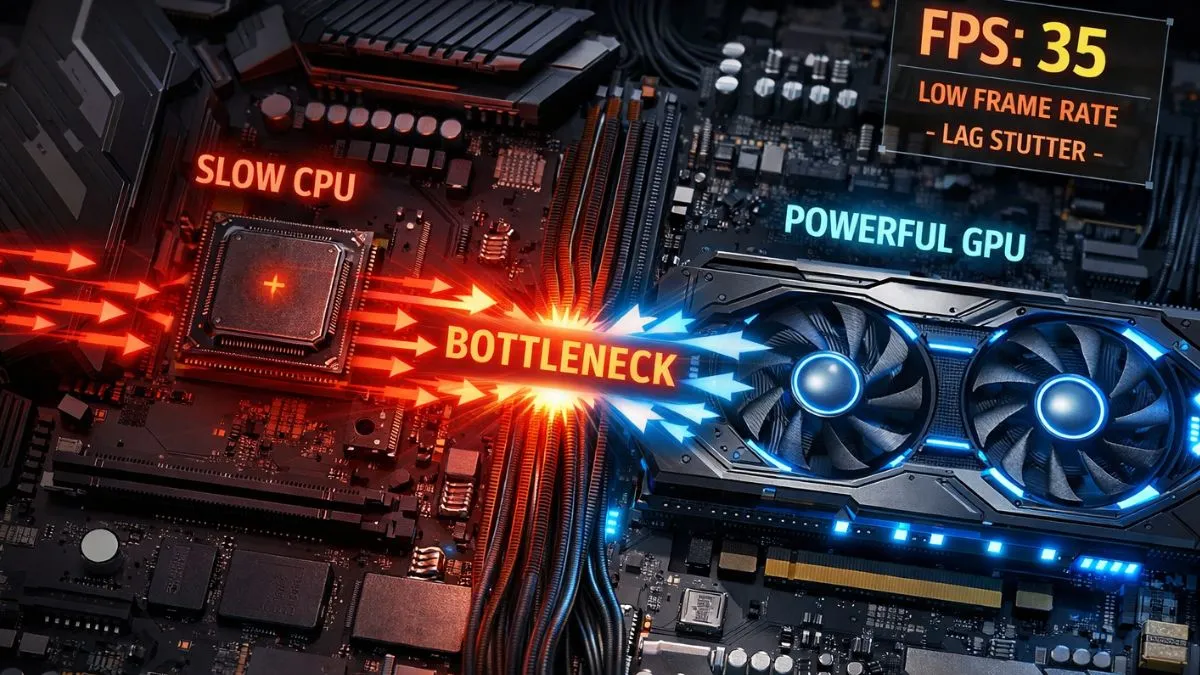 Illustration of a compuater motherboard showing a bottleneck. A slow CPU in red causes low FPS, while a powerful GPU in blue struggles. Text highlights lag issues. - What is a cpu bottleneck