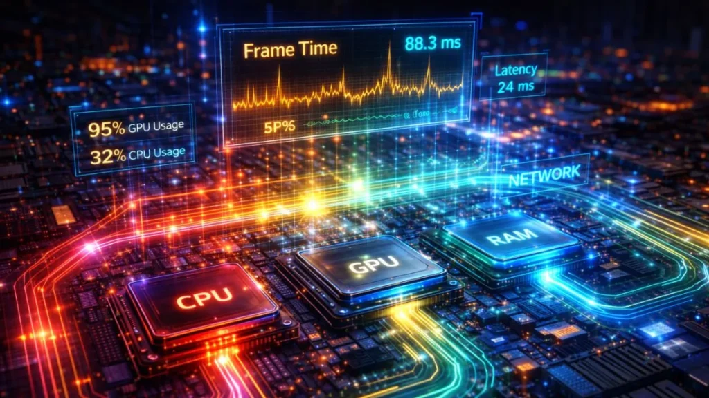 Colorful circuit board illustration showing CPU, GPU, and RAM with neon lines. Overlaid graphs depict frame time and latency, suggesting high tech efficiency.