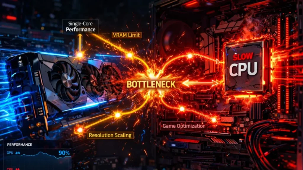 Illustration of a tech bottleneck featuring a glowing CPU labeled "Slow CPU" on the right, with sparks indicating performance issues. Text highlights causes like "VRAM Limit" and "Resolution Scaling." A GPU is on the left with performance graphs at the bottom, showing GPU at 90% and CPU at 25%. The mood is dynamic and urgent. - what causes a bottleneck in a pc