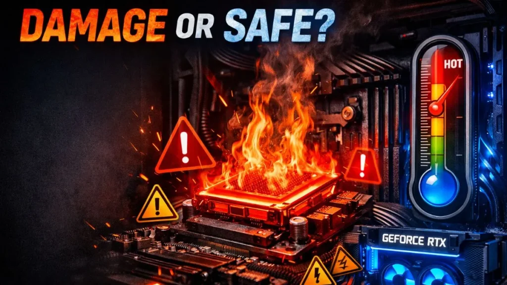 A computer CPU on fire inside a motherboard, with a temperature gauge showing 'hot' next to it. Warning symbols and the text "Damage or Safe?" are visible.