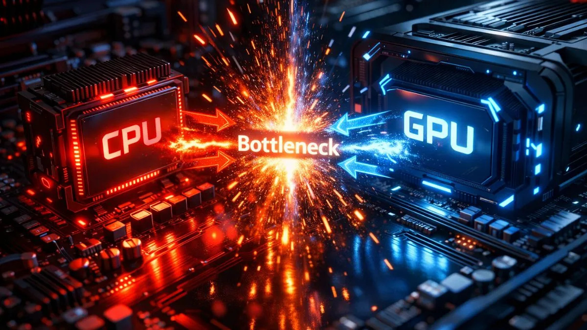Illustration of a CPU and GPU with sparks in the center labeled "Bottleneck," symbolizing performance issues. The CPU glows red and the GPU glows blue. - Cpu vs gpu bottleneck