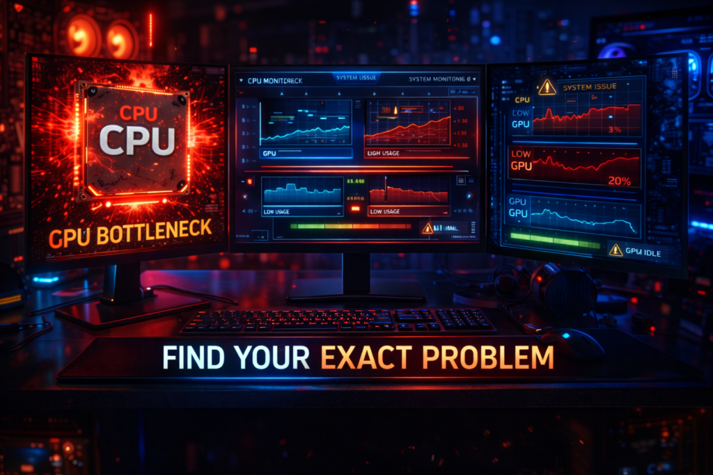 Dual monitors show CPU and GPU usage graphs with alerts for low performance. A nearby sign reads "CPU Bottleneck." Text below says "Find Your Exact Problem. - why is my gpu usage low in games