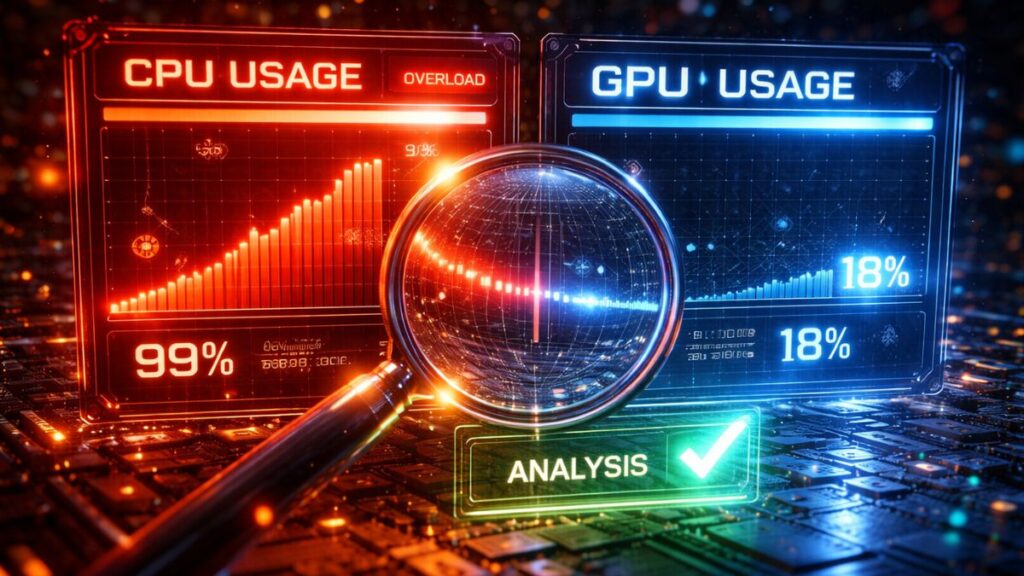 Futuristic dashboard shows CPU usage at 99% in red, indicating overload, and GPU usage at 18% in blue. A magnifying glass highlights "Analysis."