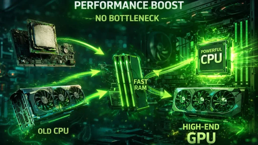 Graphic showing a performance boost with no bottleneck. Arrows point from an old CPU and a high-end GPU to fast RAM and a powerful CPU, set against a glowing green tech-themed background. - what causes a bottleneck in a pc