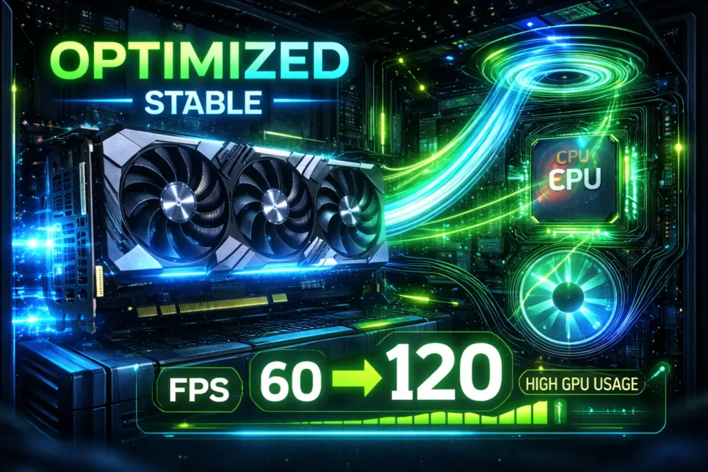 Futuristic graphic showing GPU with neon circuits. Text: "Optimized Stable," "FPS 60 to 120," "High GPU Usage." Vibrant tech theme. - why Is my gpu usage low in games?