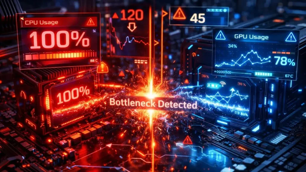 Futuristic graphic showing high CPU and GPU usage with 100% and 78% respectively. Central alert reads "Bottleneck Detected" amid sparks and graphs. - cpu vs gpu bottleneck