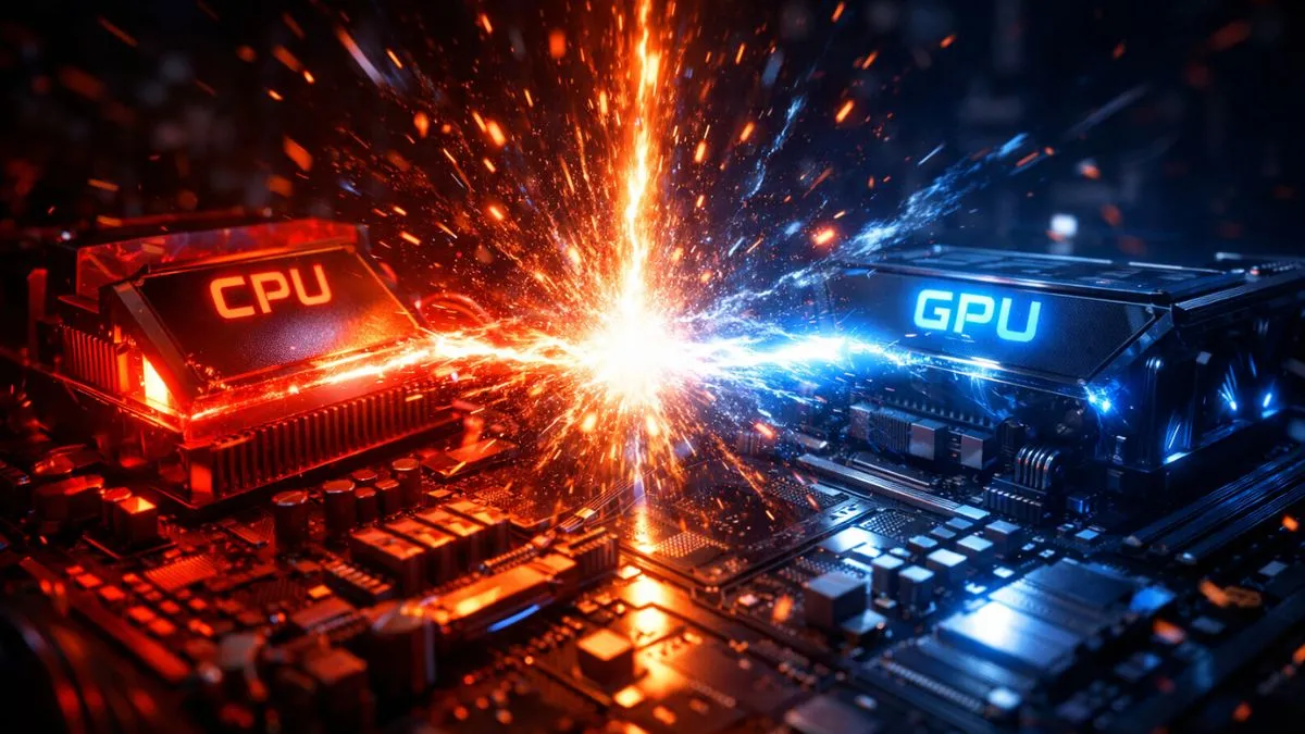 A vibrant, intense scene shows a CPU and GPU on a motherboard, emitting fiery red and cool blue sparks as they clash, symbolizing powerful computing. - how to check if your pc has a bottleneck