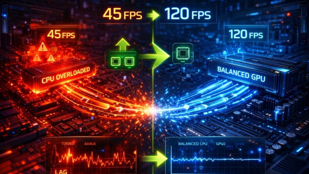 Dynamic digital illustration showing a CPU overloaded with 45 FPS in red tones, transitioning to a balanced GPU at 120 FPS in cool blue tones, with data graphs. - does bottlenecking reduce fps