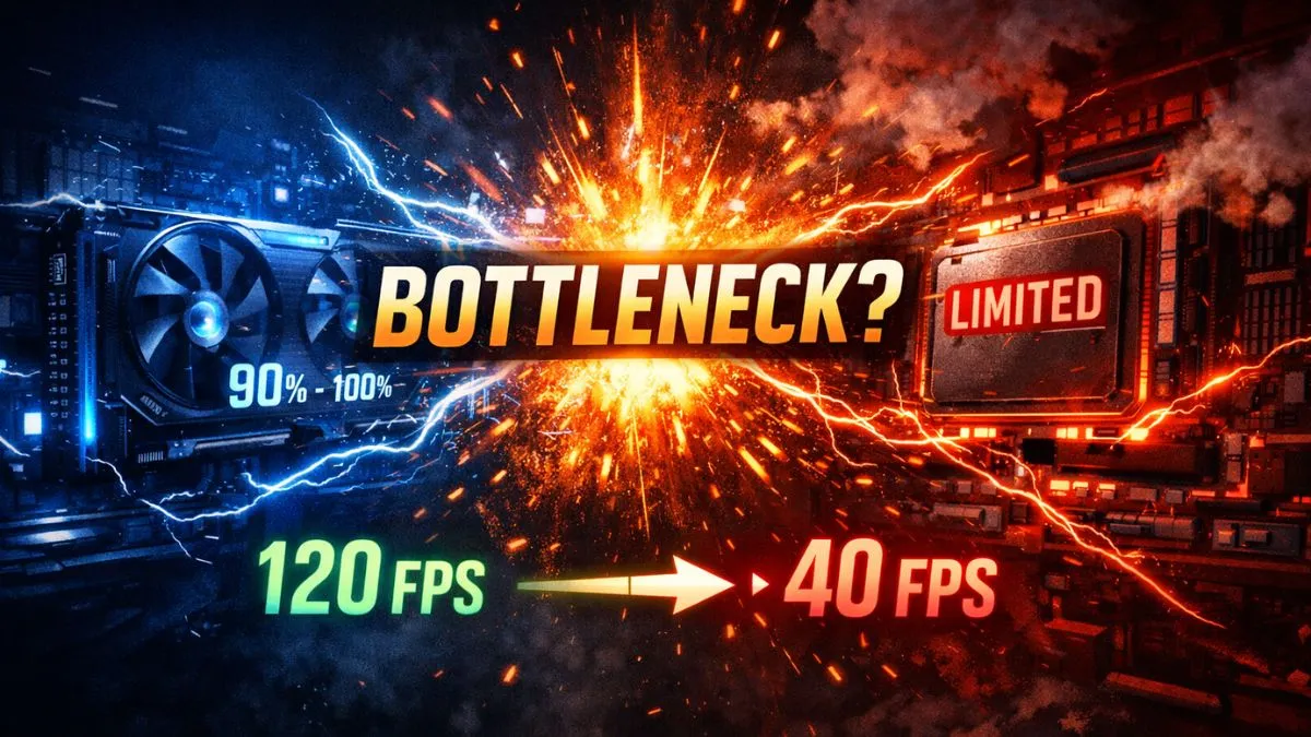 Explosive graphics card and processor imagery illustrate a "bottleneck" causing a frame rate drop from 120 FPS to 40 FPS, highlighting performance limitations. - is it bad if your pc is bottlenecking