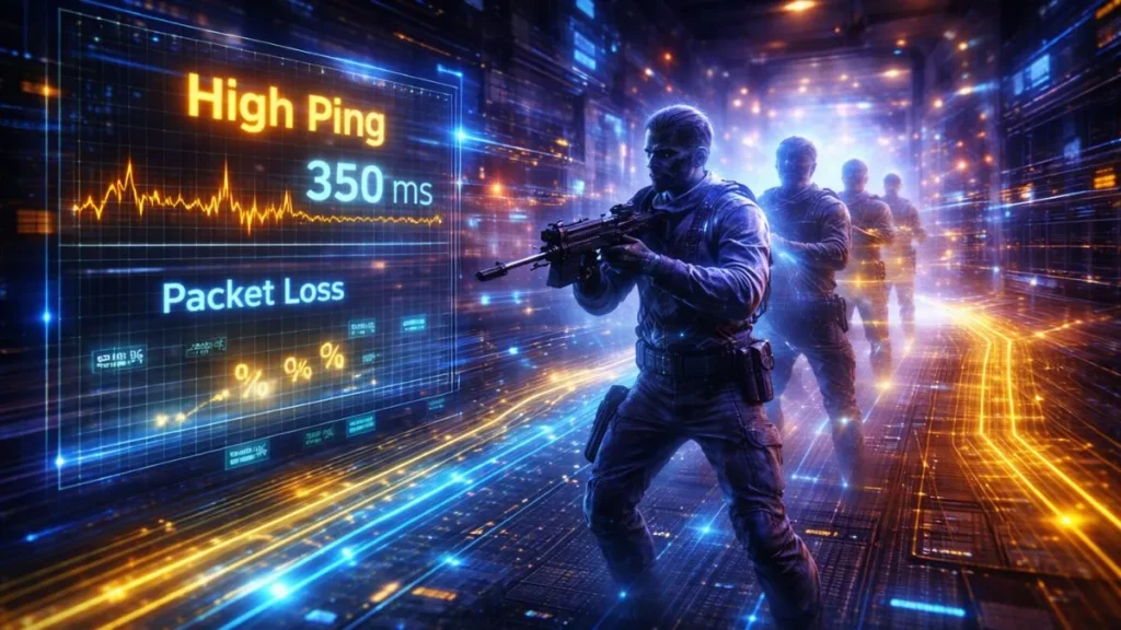 Futuristic scene showing four armed soldiers in a digital corridor, with glowing data displays indicating high ping of 350 ms and packet loss. The environment is illuminated with vibrant neon lights, suggesting a cyber theme and tension."