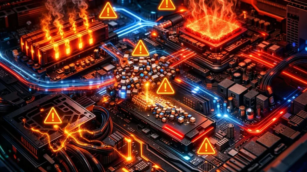 A computer motherboard is overloaded, with red-orange flames and warning symbols. Highlighted circuits suggest overheating and malfunction. Tense atmosphere.
