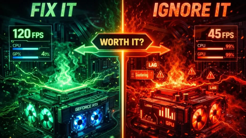 Split image showing two sides. Left: "Fix It" in green with high-performance graphics card, 120 FPS, cooler stats. Right: "Ignore It" in red, lower performance, 45 FPS, warning symbols, and lag, depicting overheating. Central question: "Worth It?" - is it bad if your pc is bottlenecking