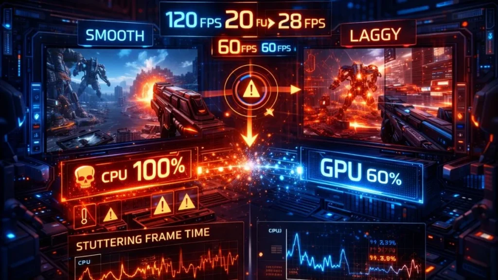 Futuristic gaming interface showing comparison: left side "Smooth" with high FPS, right side "Laggy" with low FPS. CPU and GPU performance graphs below. - does bottlenecking reduce fps