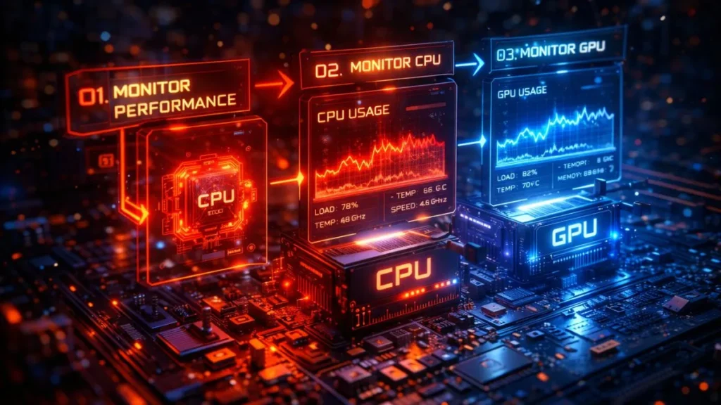 Futuristic digital illustration of CPU and GPU monitoring. Neon-red and blue light accentuates performance graphs, highlighting load and temperature. - how to check if your pc has a bottleneck