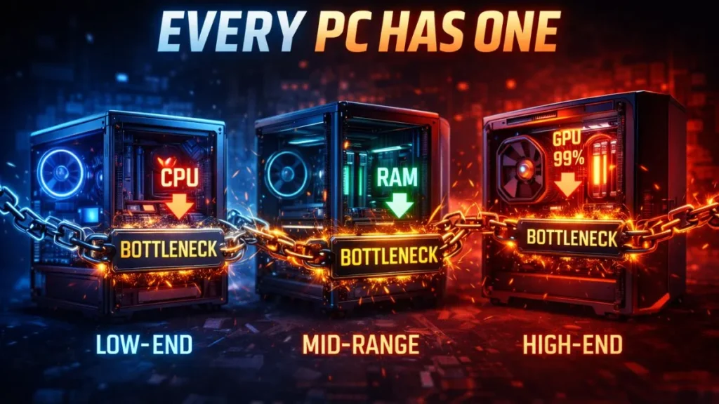 Three PC cases labeled low-end, mid-range, and high-end are chained with "bottleneck" signs. Text above reads, "Every PC Has One." The tone is dramatic. - is it bad if your pc is bottlenecking