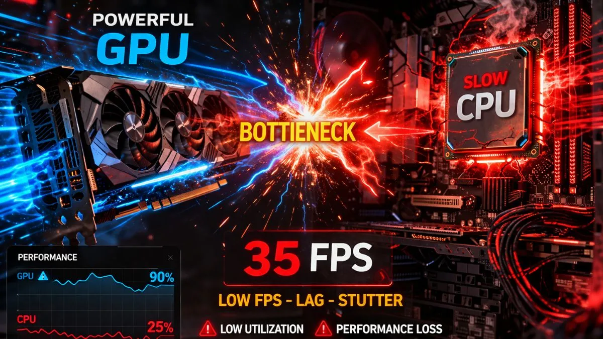 A visually dynamic image showing a powerful GPU clashing with a slow CPU, causing a bottleneck. Electric red and blue effects highlight the contrast. Performance graphs show 90% GPU and 25% CPU utilization. Text indicates low FPS, lag, and stutter, with a highlighted "35 FPS" in red. The tone is intense and urgent. - what causes a bottleneck in a pc