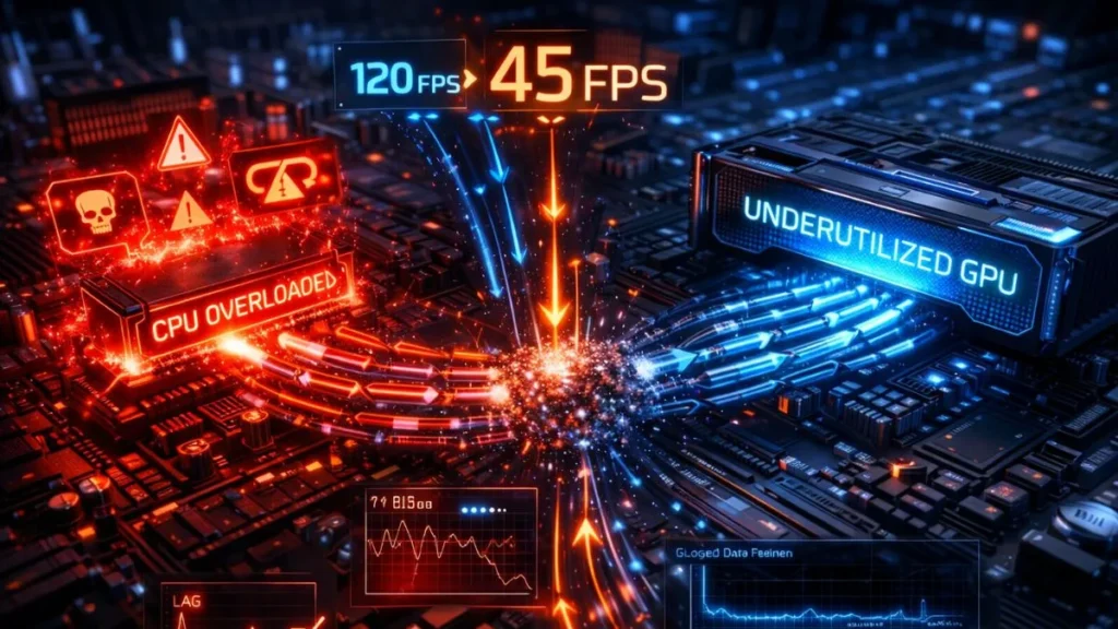 Futuristic digital illustration depicting a circuit board. The left side shows a red, overloaded CPU with warnings, while the right highlights a blue, underutilized GPU. Central arrows converge, indicating FPS drop from 120 to 45, with graphics and charts showcasing tech stress. - does bottlenecking reduce fps
