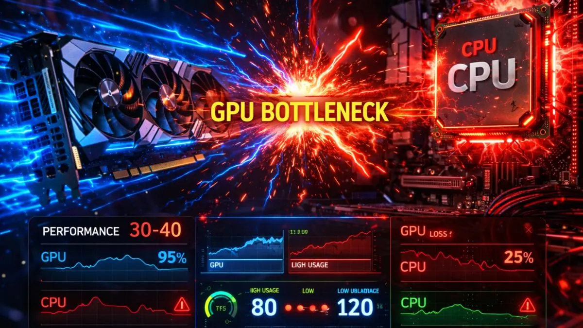"Illustration depicting GPU and CPU performance clash, with bright blue and red colors. The text 'GPU Bottleneck' is central, highlighting high GPU usage and CPU impact. Performance graphs show varied usage, conveying tech tension." - why is my gpu usage low in games