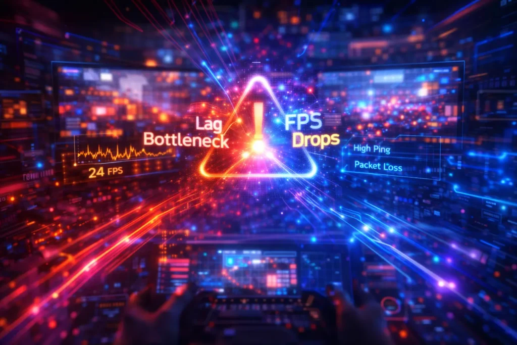 Futuristic gaming setup with vibrant neon colors. Central triangle with an exclamation mark highlights issues like lag, FPS drops, and bottlenecks. Bottleneck vs lag vs fps  drops