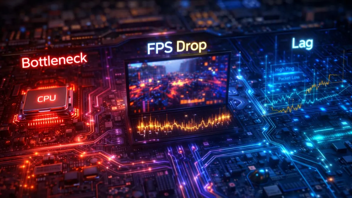 A digital illustration shows a CPU labeled "Bottleneck," with graphs for "FPS Drop" and "Lag." Vibrant neon colors highlight computer performance issues. - bottleneck vs lag vs fps drops