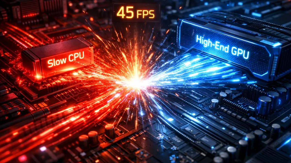 Illustration of a slow CPU and high-end GPU facing off on a circuit board. Red and blue sparks collide, showing tension. "45 FPS" is displayed above. - does bottlenecking reduce fps